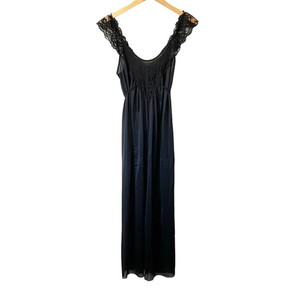 Vintage Black Nightgown Long Liquid Satin Nylon Lace Union Made Womens Medium - Picture 1 of 12